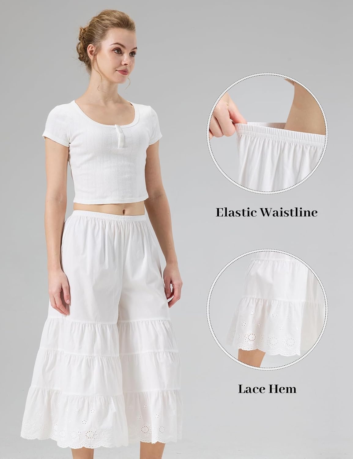 image:imageBEAUTELICATE Bloomers for Women 100 Cotton Wide Leg Half Slip Lace Trim Vintage Pettipants UnderdressIvory
