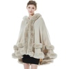 image:imageBEAUTELICATE Women Knit Cape Coat Knitted Hooded Cloak Poncho with Fur Trims Faux Fur ShawlBeige