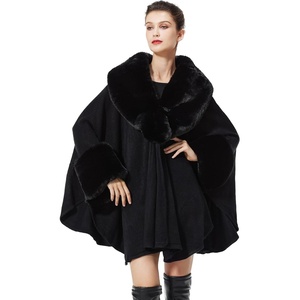 image:imageBEAUTELICATE Women Faux Fur Shawl Winter Wrap Sleeveless Coat Cape with Fur Trim Cardigan CloakBlack