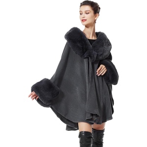 image:imageBEAUTELICATE Women Faux Fur Shawl Winter Wrap Sleeveless Coat Cape with Fur Trim Cardigan CloakDark Grey