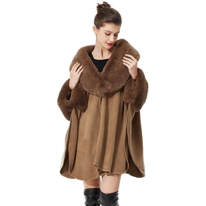 image:imageBEAUTELICATE Women Faux Fur Shawl Winter Wrap Sleeveless Coat Cape with Fur Trim Cardigan CloakKhaki