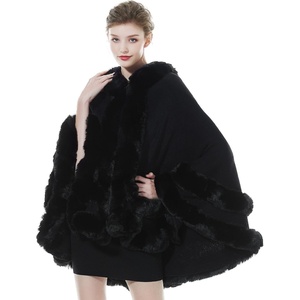 image:imageBEAUTELICATE Women Knit Cape Coat Knitted Hooded Cloak Poncho with Fur Trims Faux Fur ShawlBlack