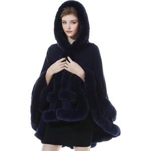 image:imageBEAUTELICATE Women Knit Cape Coat Knitted Hooded Cloak Poncho with Fur Trims Faux Fur ShawlDark Blue