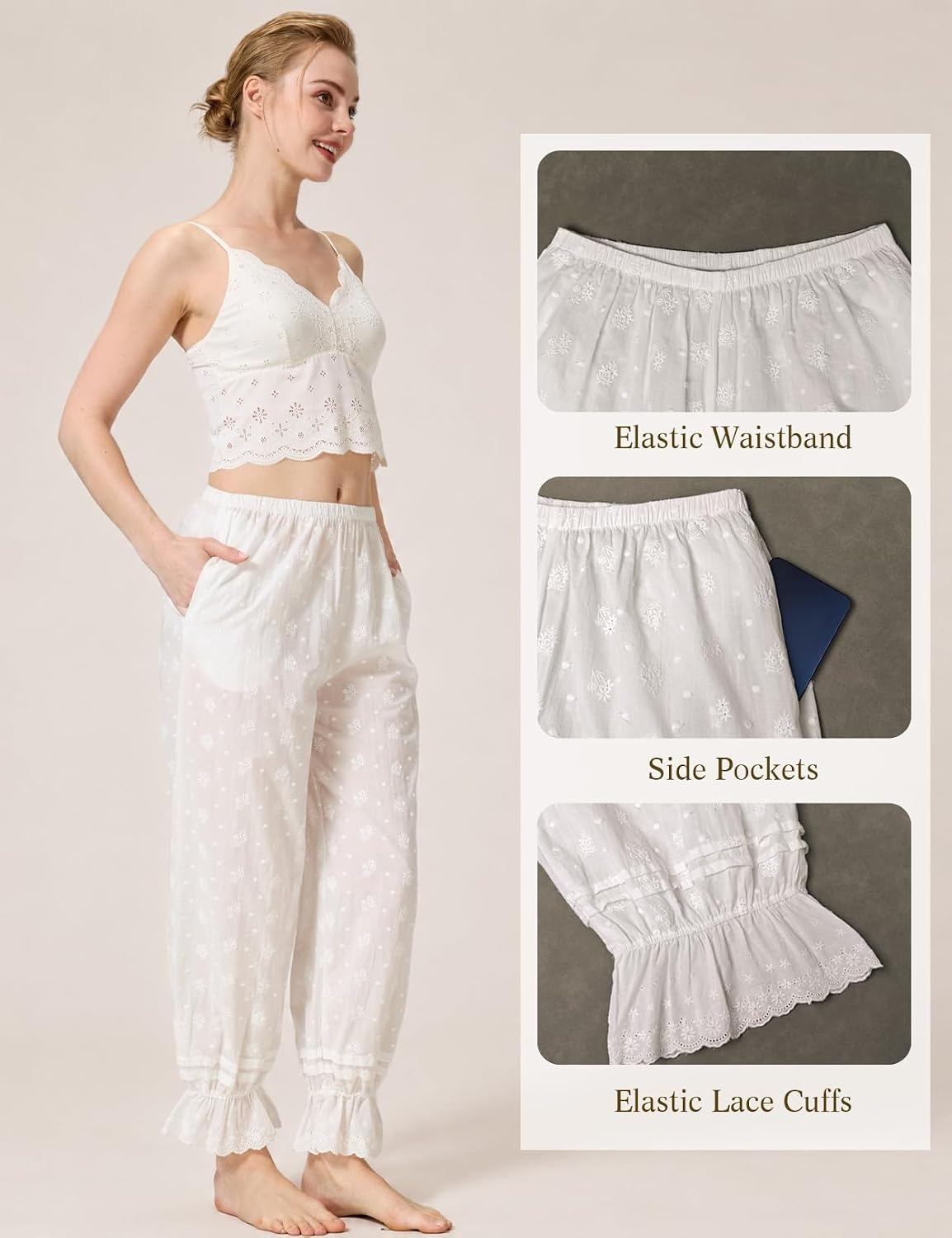 image:imageBEAUTELICATE Medieval Cottagecore Cotton Bloomers LaceTrim Underdress Pants with Elastic Waist Lounge SleepwearLongivory