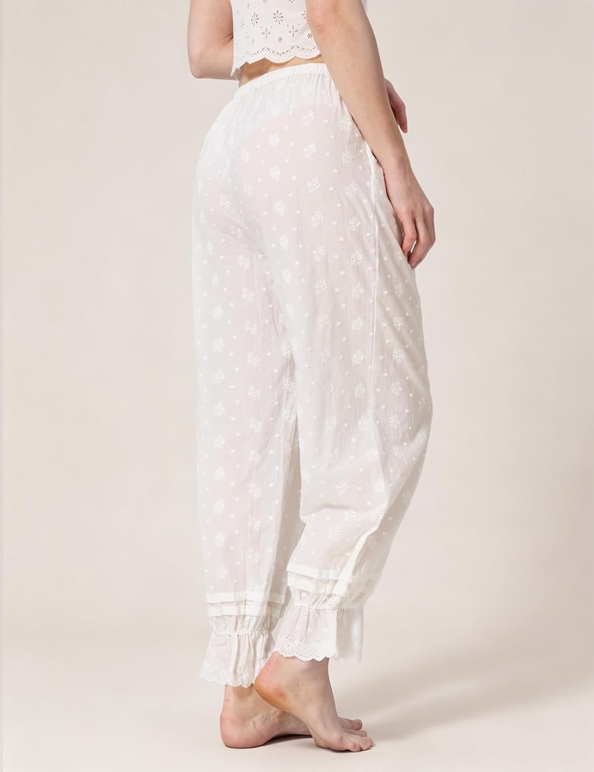 image:imageBEAUTELICATE Medieval Cottagecore Cotton Bloomers LaceTrim Underdress Pants with Elastic Waist Lounge SleepwearLongivory