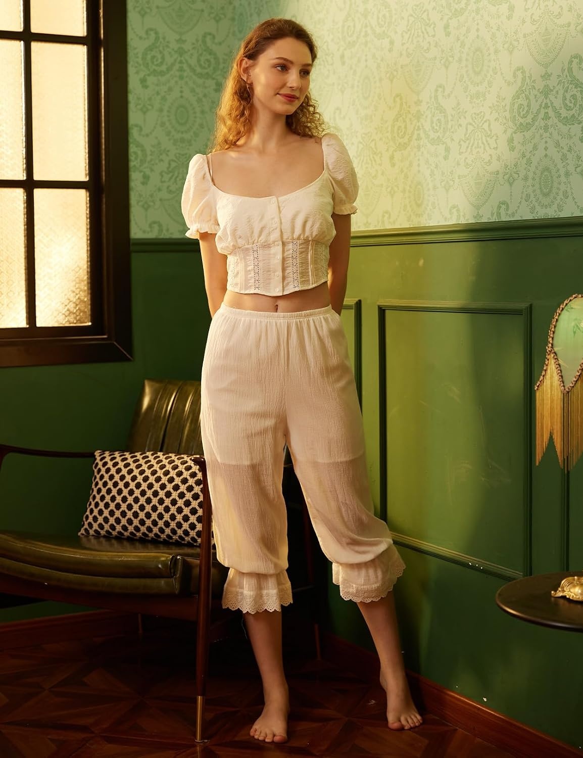 image:imageBEAUTELICATE Vintage Women Pettipants with Lace Ruffle Hem Cotton Pantaloons Costume BloomersIvory