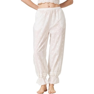 image:imageBEAUTELICATE Medieval Cottagecore Cotton Bloomers LaceTrim Underdress Pants with Elastic Waist Lounge SleepwearLongivory